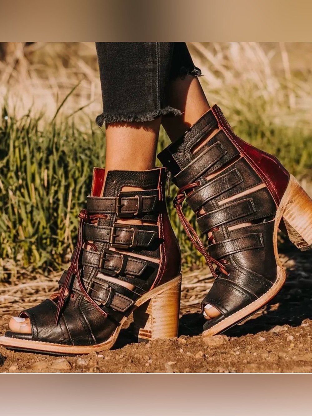 Freebird BRAEDEN Black & Burgundy Cutout Buckle Heeled Booties